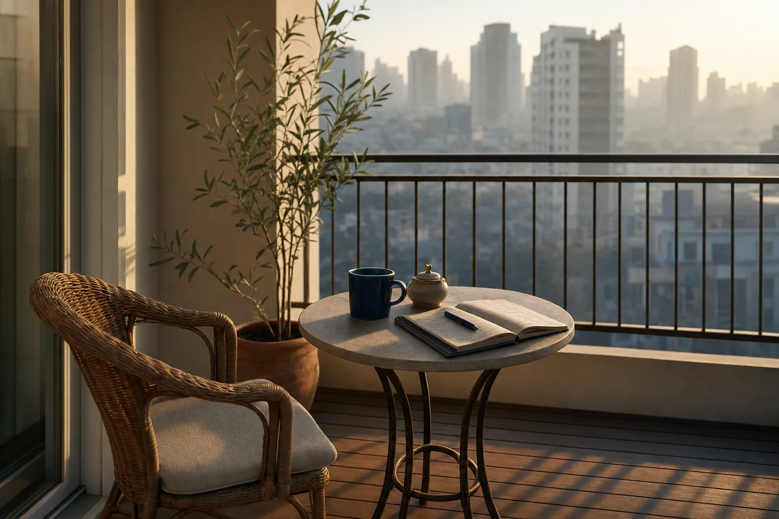 Varanda de apartamento com vista urbana ao amanhecer, cadeira e mesa pequena
