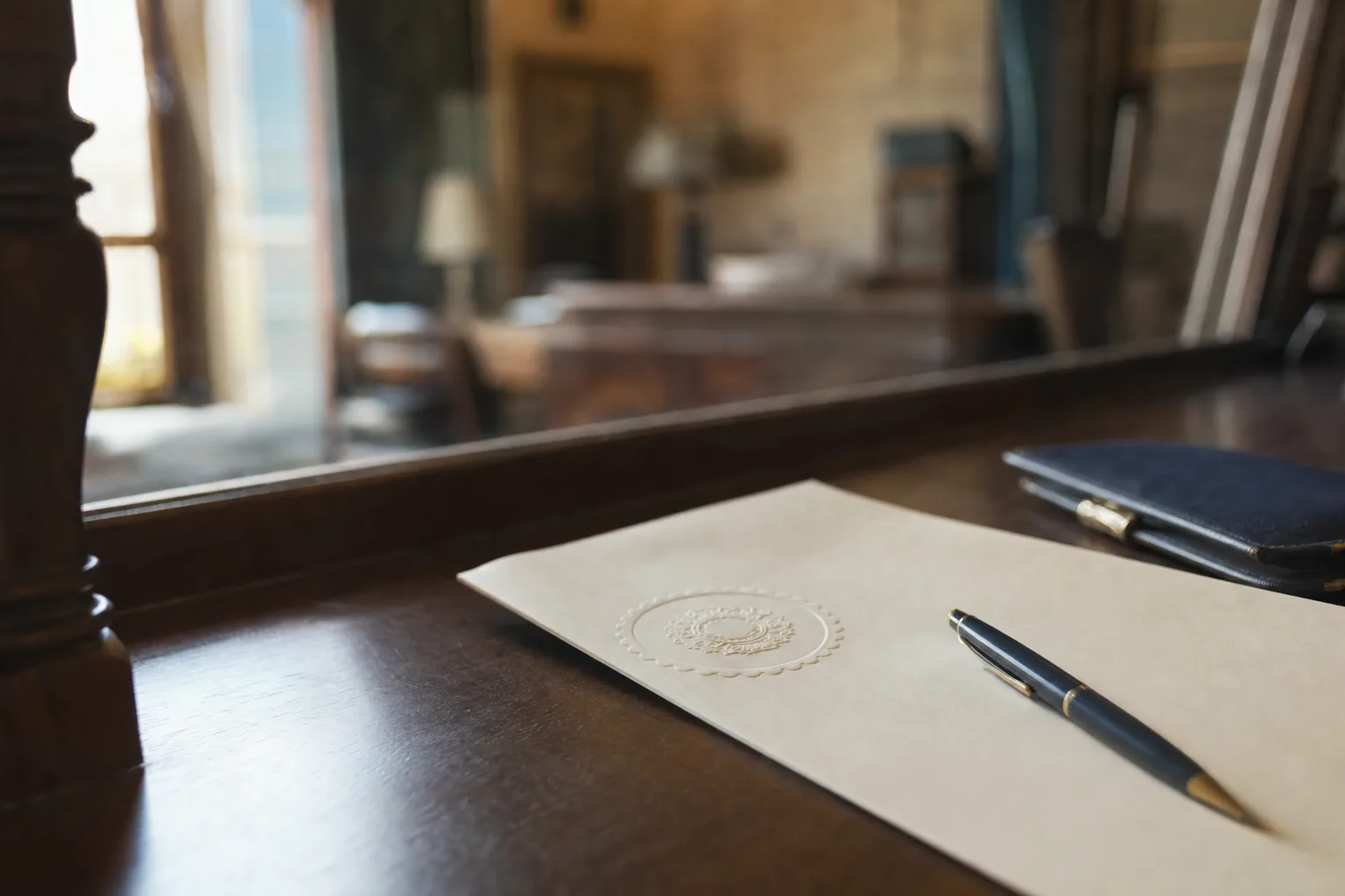 Matrícula de imóvel e uma caneta sobre a mesa de um cartório