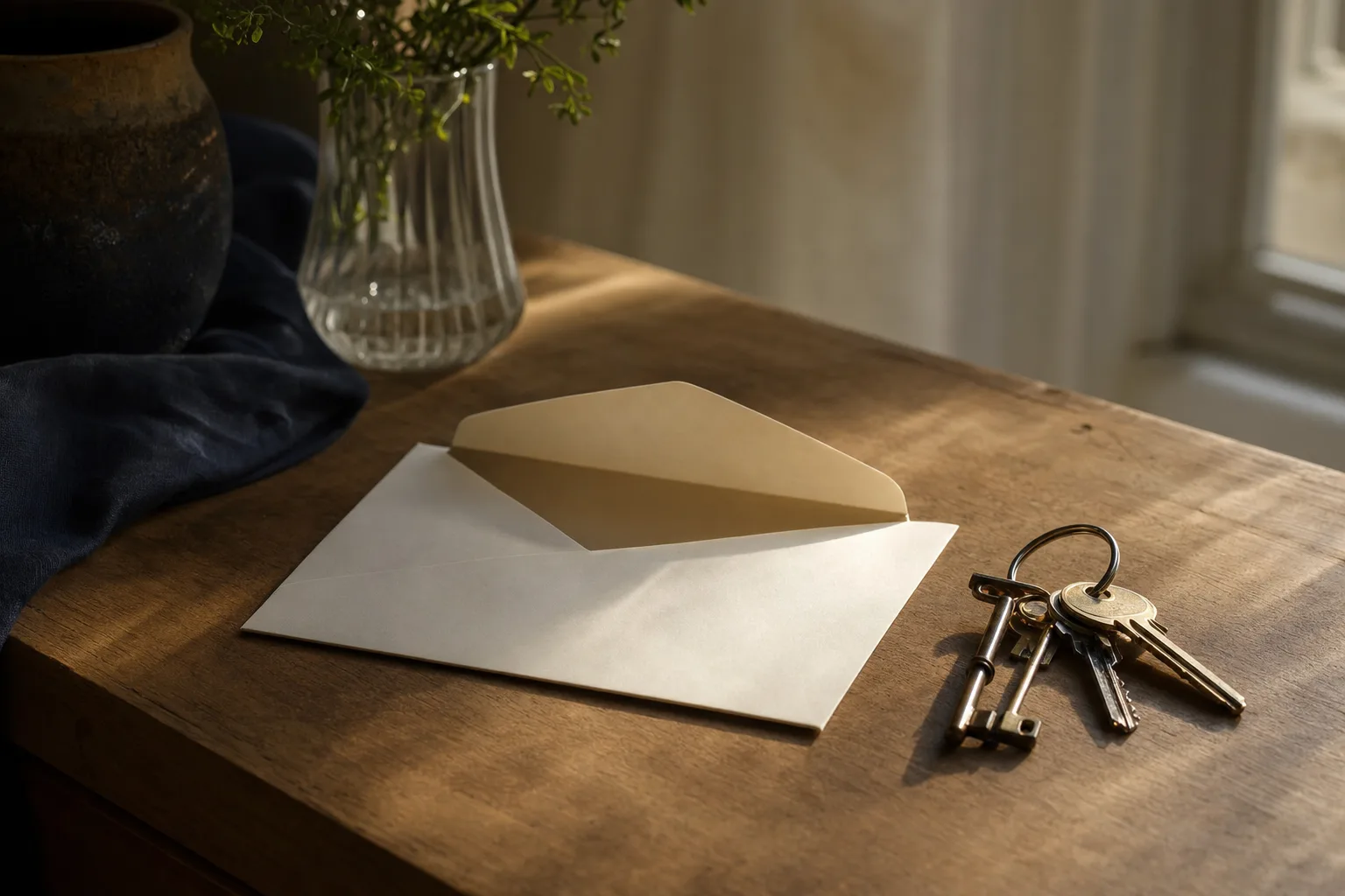 Envelope aberto sobre uma mesa com um molho de chaves ao lado
