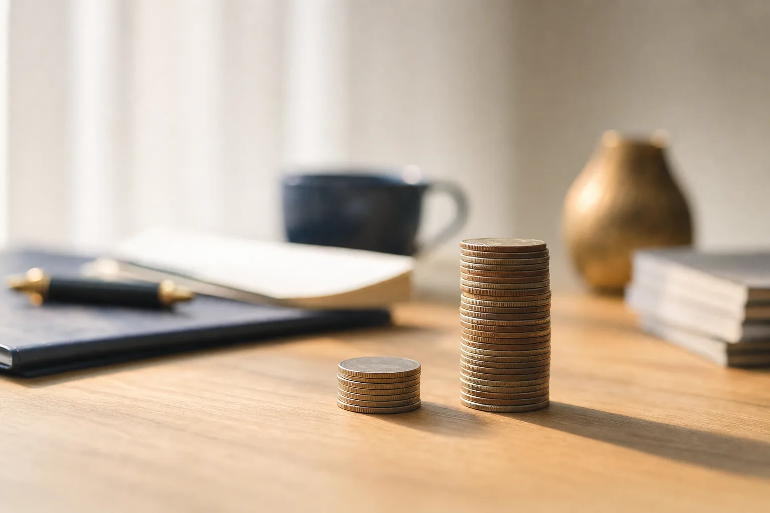 Duas colunas de moedas de alturas diferentes sobre uma mesa clara