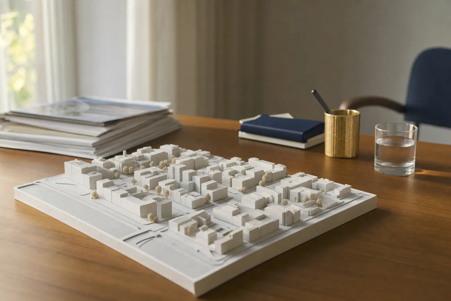 Maquete arquitetônica de um quarteirão sobre mesa de escritório