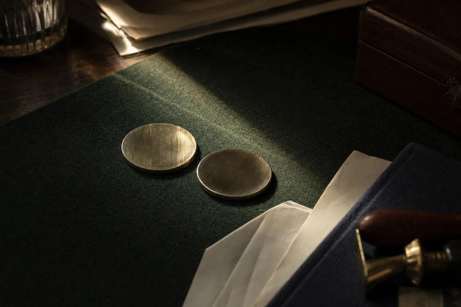 Duas fichas sobre uma mesa de feltro, uma delas iluminada