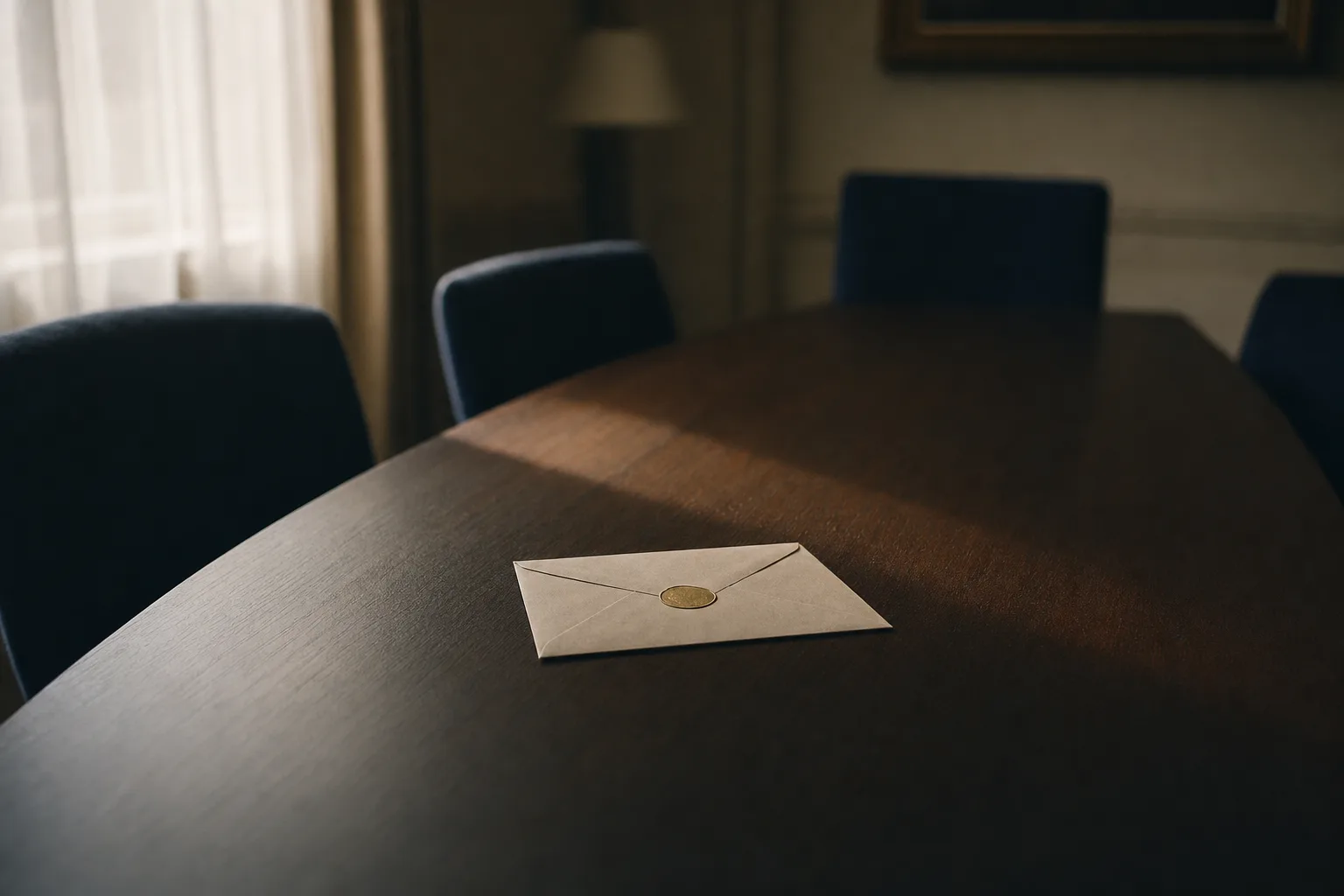 Envelope lacrado sobre mesa de reunião com cadeiras ao fundo, luz lateral