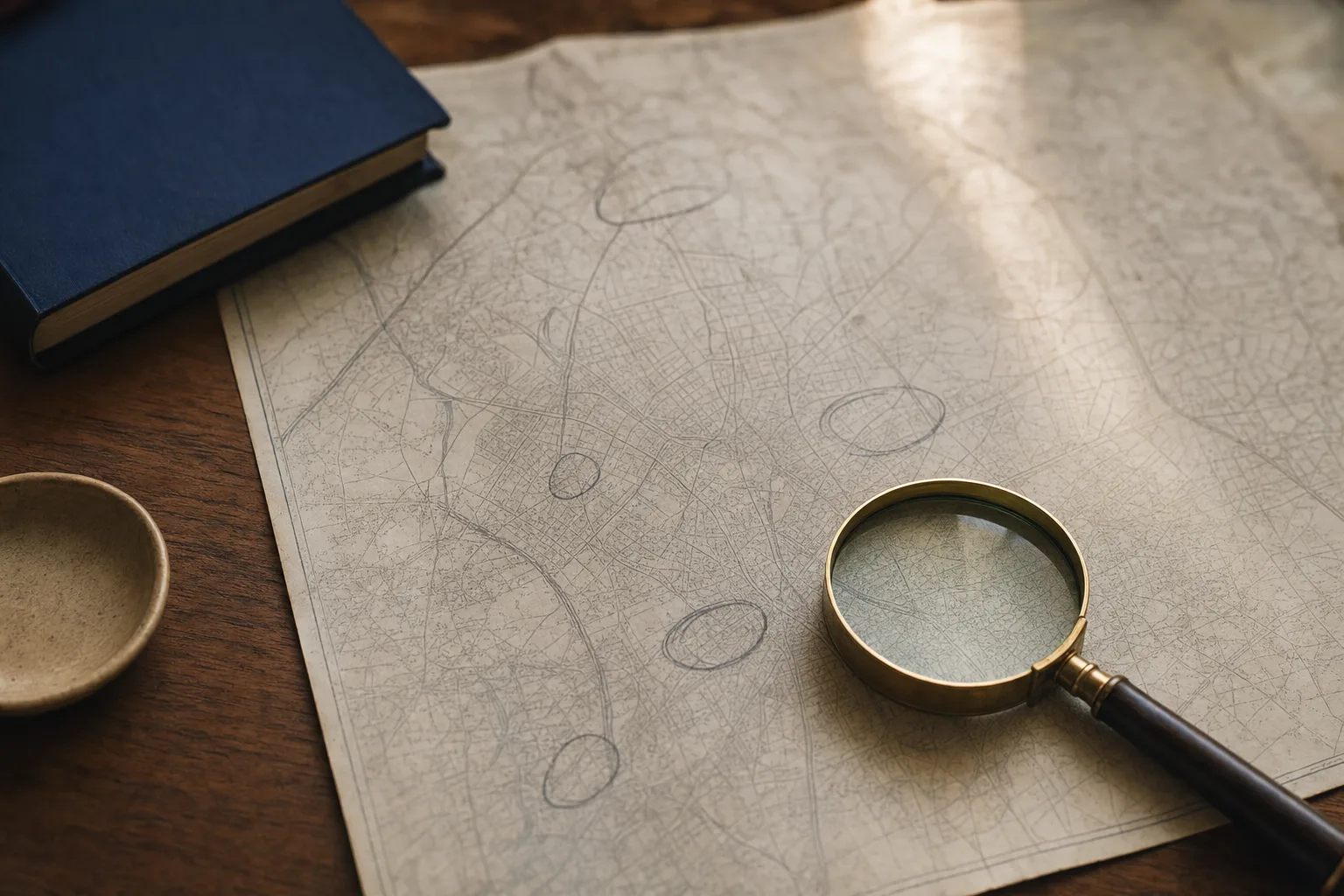 Mapa impresso de uma cidade sobre mesa, com marcações a lápis e uma lupa