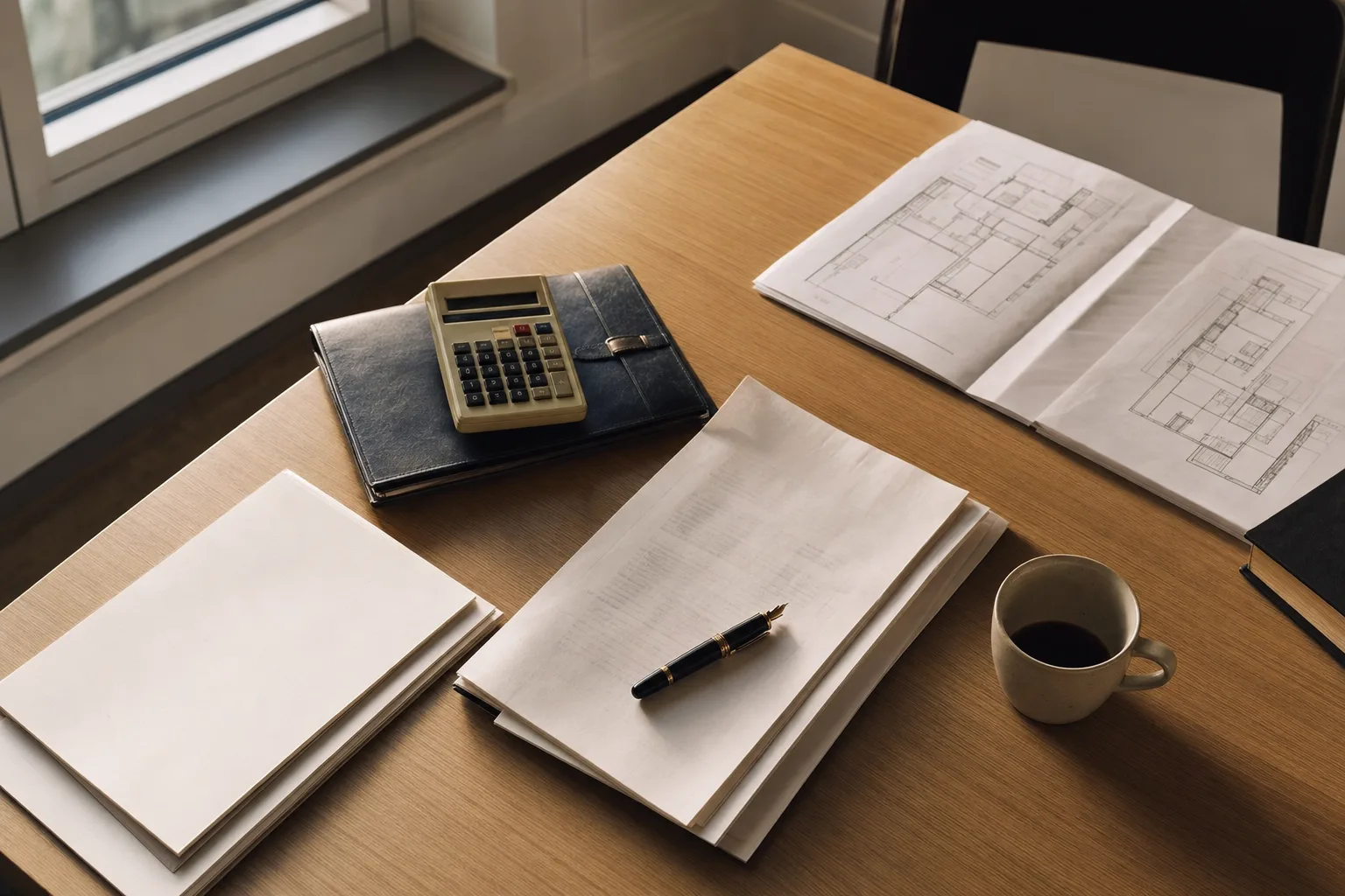 Mesa de escritório com contrato de consórcio, calculadora e planta de imóvel sob luz natural