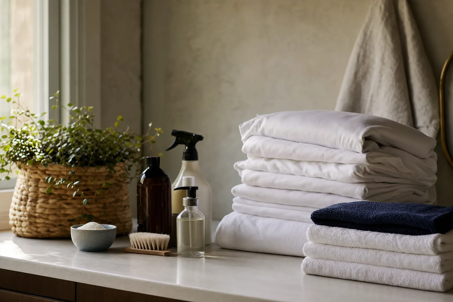 Roupa de cama dobrada e produtos de limpeza organizados sobre uma bancada
