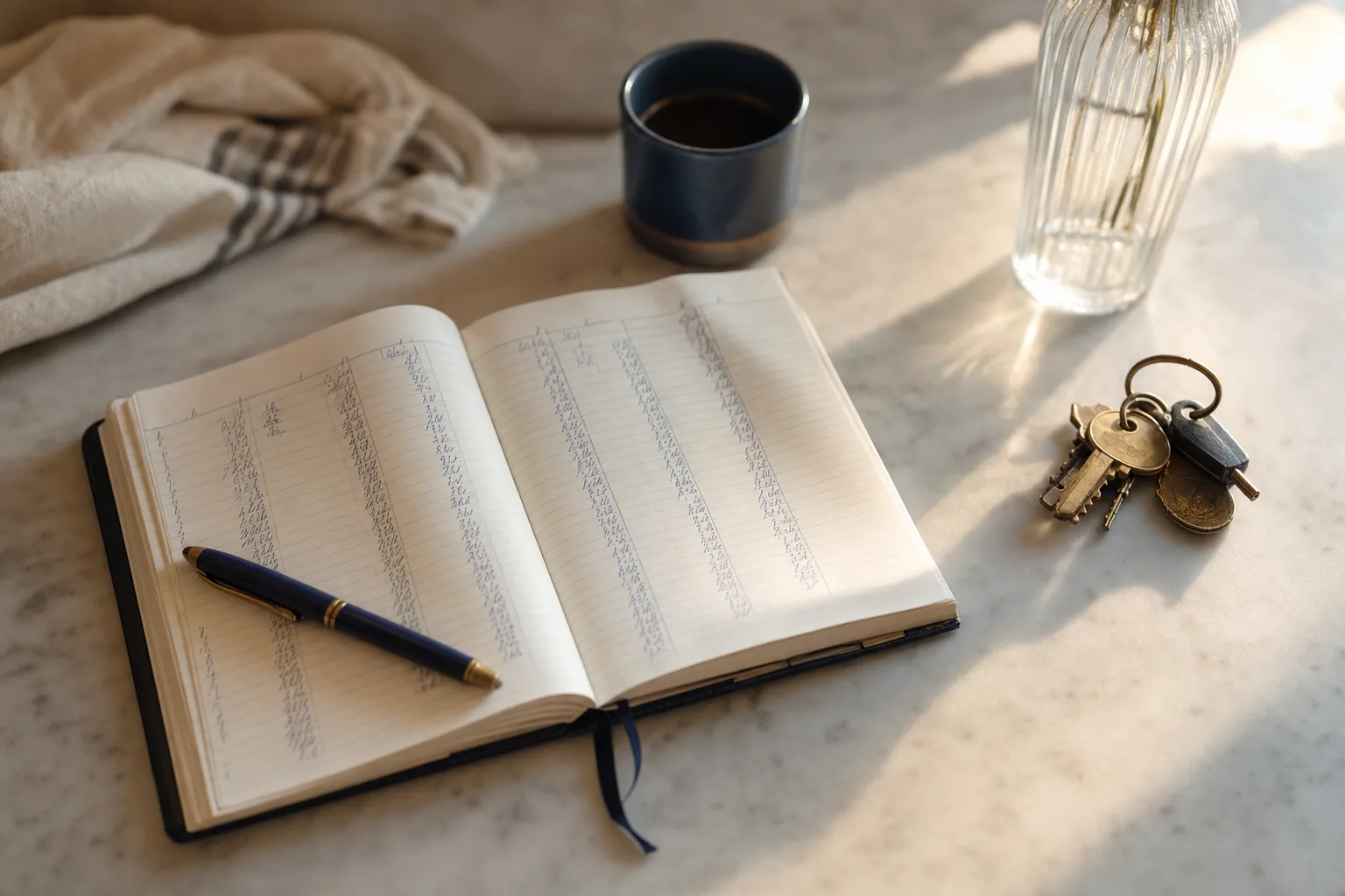 Caderno com anotações de receita e despesa ao lado de uma chave sobre bancada
