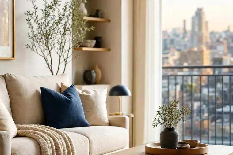 Sala de estar de um apartamento com vista para a cidade
